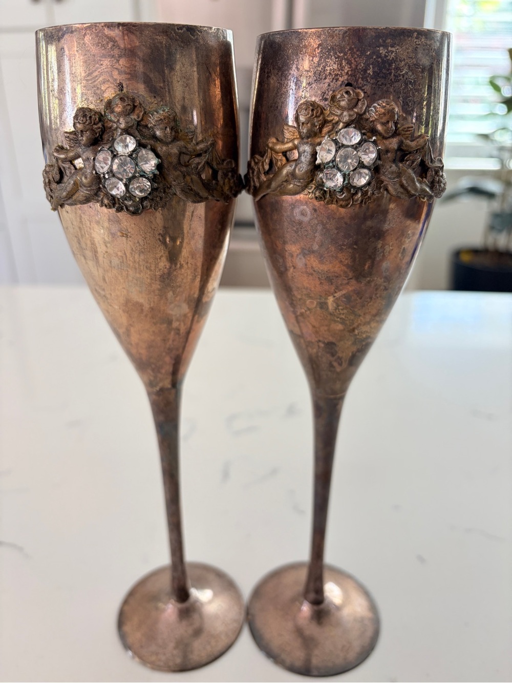 Set of 2 Vintage-Style Patina Silver Champagne Flutes with Crystal Accents